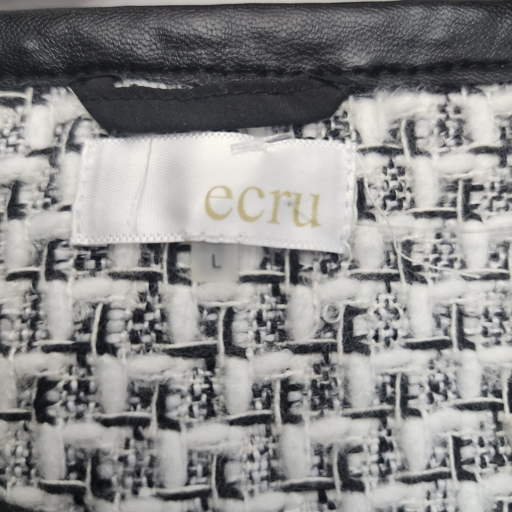 Ecru Tweed‎ Zip Front Jacket Black Cream Faux Leather Trim Size L Professional - Picture 6 of 9